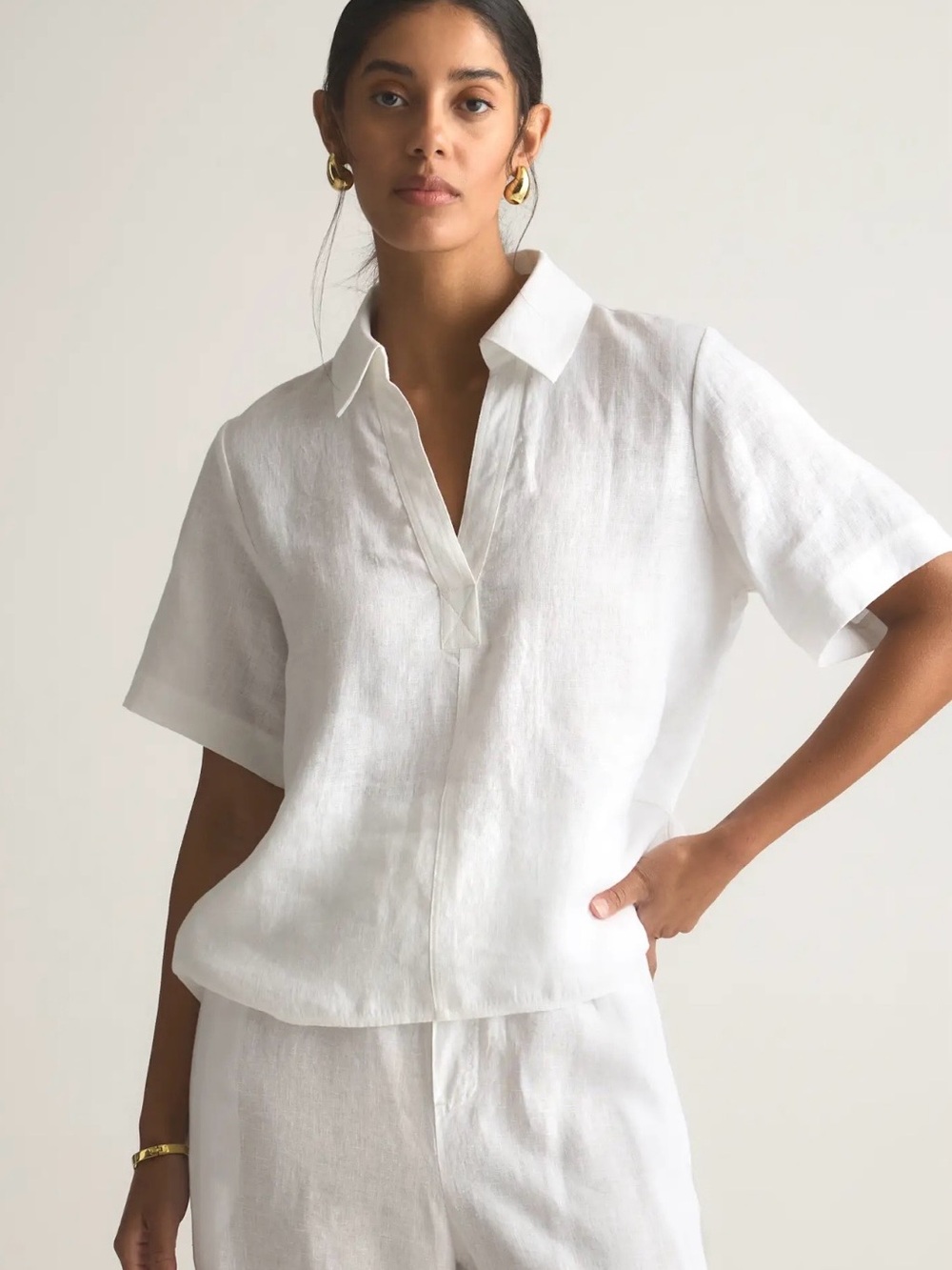 Quince 100% European Linen White Short-Sleeve Popover Blouse, Like New, Size XS